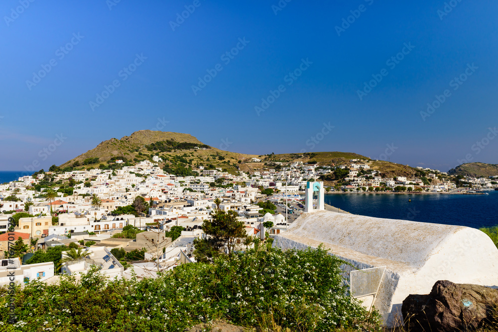 The picturesque Greek Islands. View of Skala village, the capital of Patmos island, Dodecanese, Greece