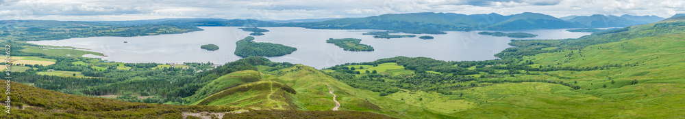 Panoramic sight from Conic Hill, Balmaha, village on the eastern shore of Loch Lomond in the council area of Stirling, Scotland.