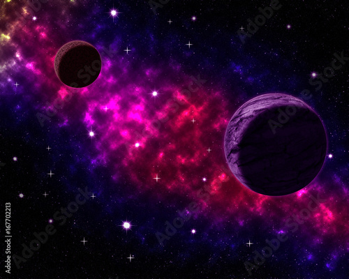 Space scenery with globe planets nebula dusts and clouds and glowing stars in universe background astrological celestial galaxy design