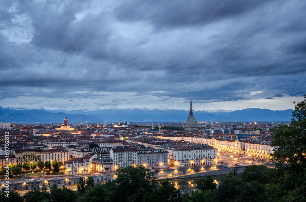 Turin high definition panorama with the Mole Antonelliana at twilight