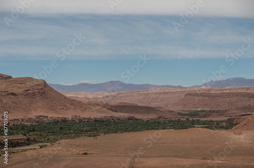 View of canyon of Asif Ounila river near Kasbah Ait Ben Haddou in the Atlas Mountains of Morocco