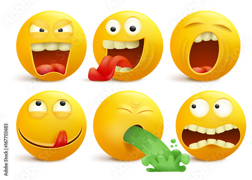 Set of yellow smiley face emoticon cartoon characters.