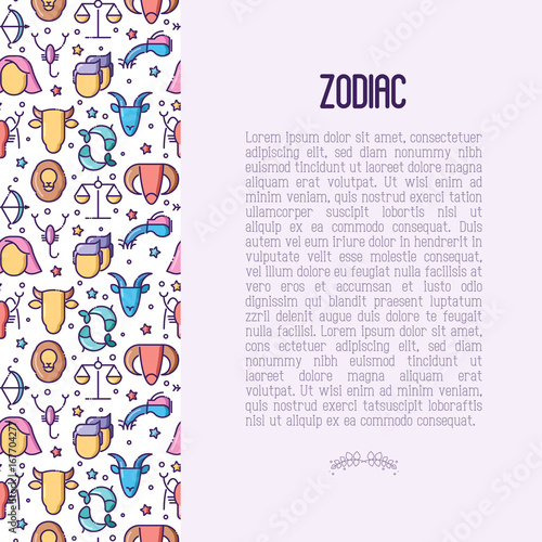 Zodiac signs concept with thin line icons for banner with horoscope, web site or background. Vector illustration.