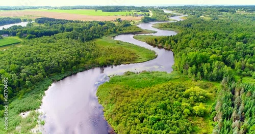 Aerial view of tranquil winding river reflecting sky, amid lush green landscape, aerial view.
