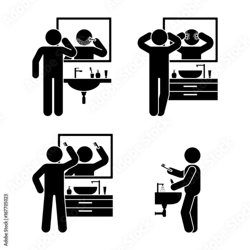 Personal hygiene bathroom set. Vector illustration of teeth brushing, washing face, shaving, combing hair pictogram