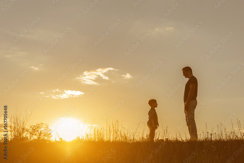 Cheerful father and son playing together on meadow Cheerful father and son playing together on meadow