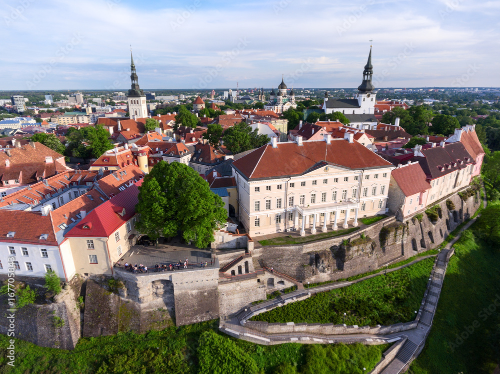Building of government of Estonia and Patkuli Stairs. The Old Town of Tallinn. Aerial view. Estonia, Europe