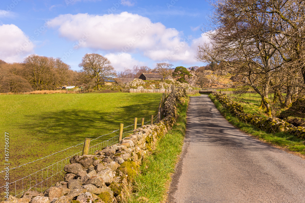 Road through the countryside in The Lake District National Park, Cumbria, England