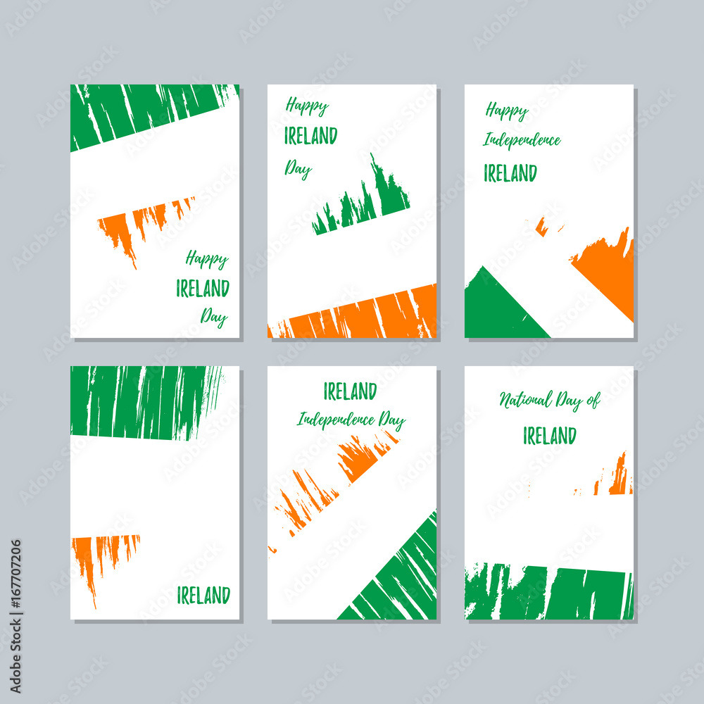 Ireland Patriotic Cards for National Day. Expressive Brush Stroke in National Flag Colors on white card background. Ireland Patriotic Vector Greeting Card.