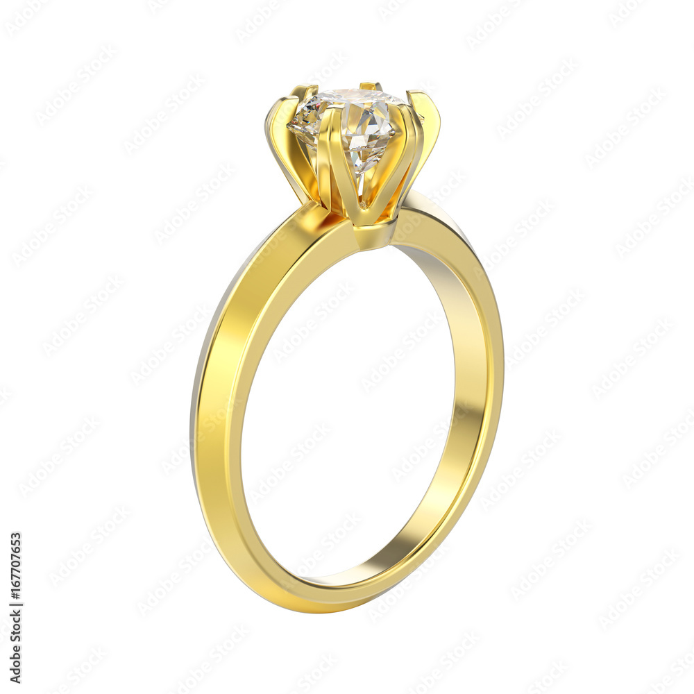 3D illustration isolated yellow gold traditional solitaire engagement diamond ring 3D illustration isolated yellow gold traditional solitaire engagement diamond ring