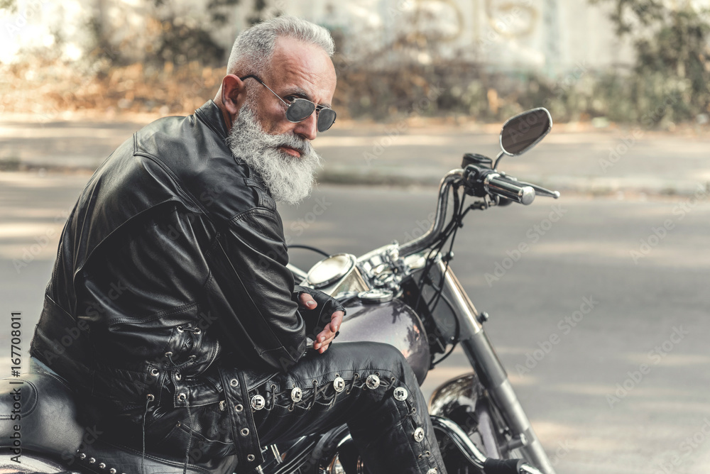Interested Old Man Ready For Riding Motorcycle Stock Photo Adobe Stock