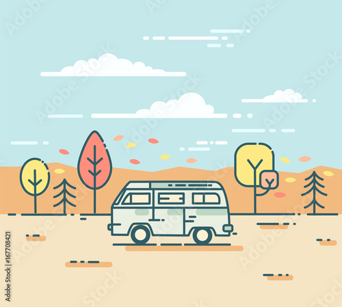 Minivan and in the autumnal forest.