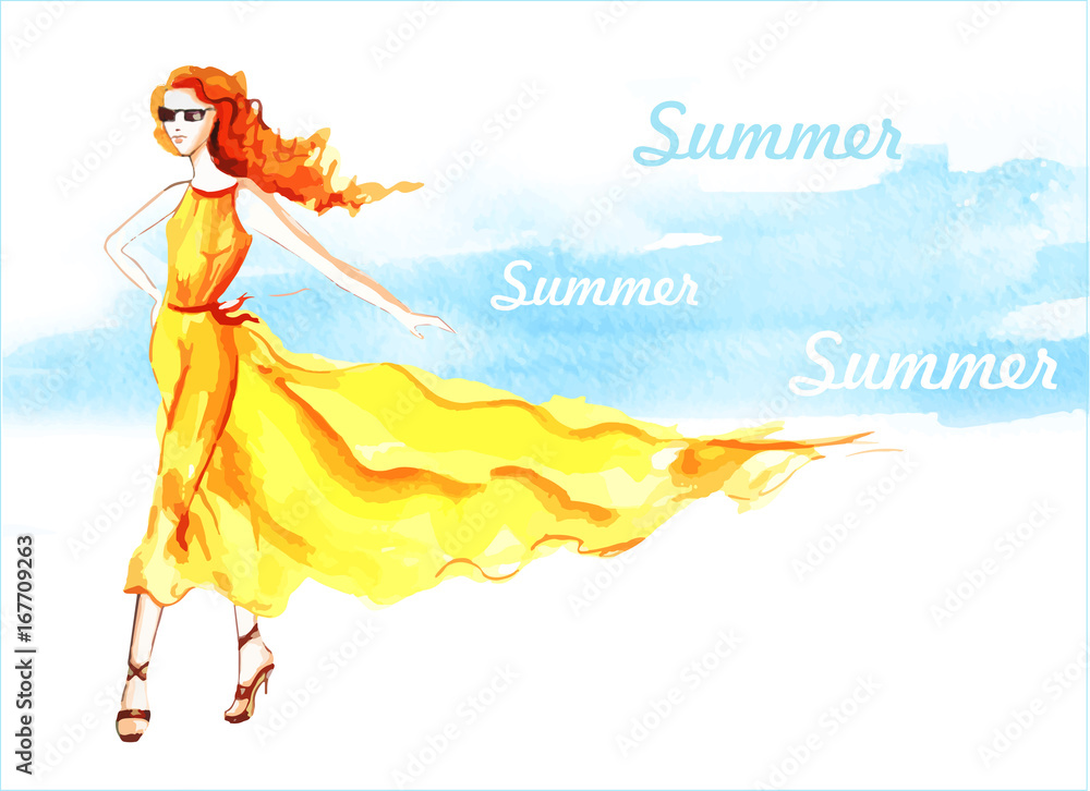 Girl in Yellow Dress. Watercolor painting. summer Girl in Yellow Dress. Watercolor painting. summer