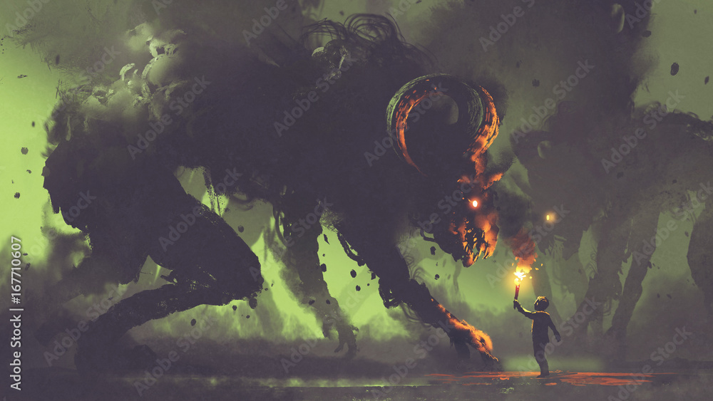 Naklejka premium ciemna koncepcja fantasy przedstawiający chłopca z pochodnią w obliczu potworów dymnych z rogami demona, cyfrowy styl sztuki, malowanie ilustracji