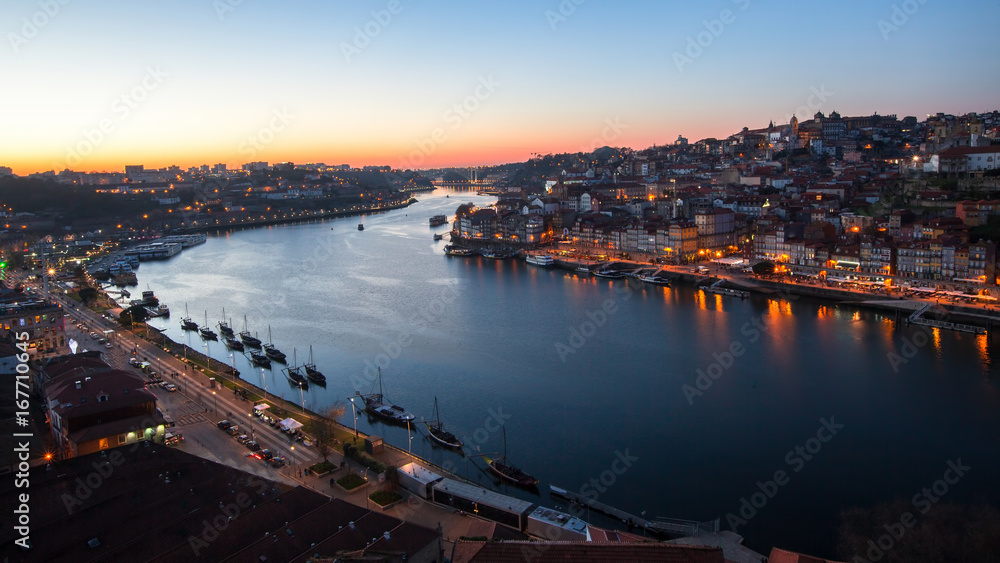 Douro river and Ribeira at night, Porto, Portugal.