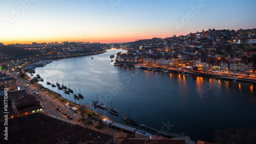 Douro river and Ribeira at night, Porto, Portugal.