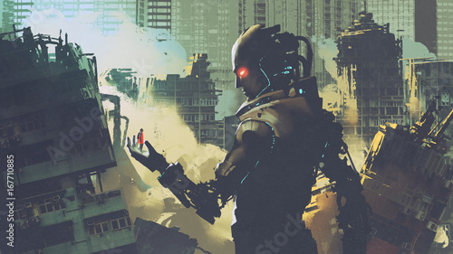 Obraz na plátne giant futuristic robot looking at woman on its hand in apocalyptic city, digital