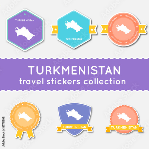 Turkmenistan travel stickers collection. Big set of stickers with country map and name. Flat material style badges vector illustration.
