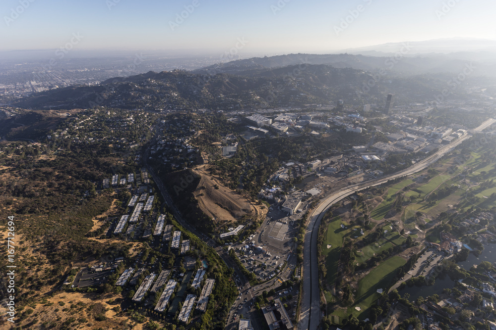 Aerial view towards Barham Blvd, the Los Angeles River and Toluca Lake