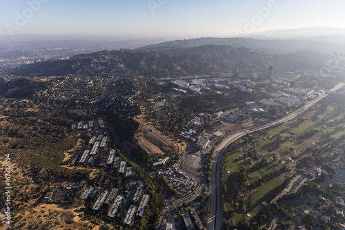 Aerial view towards Barham Blvd, the Los Angeles River and Toluca Lake on the edge of the San Fernando Valley in Los Angeles, California.  