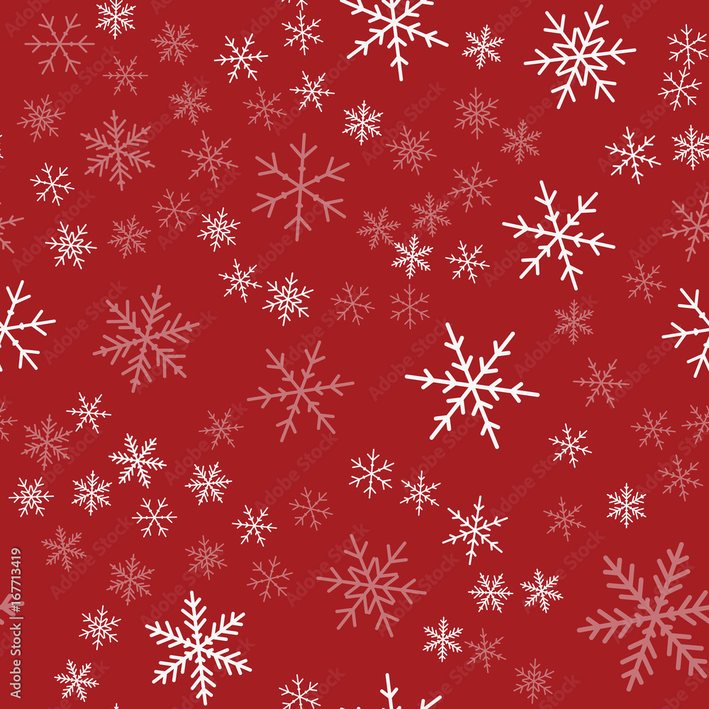 White snowflakes seamless pattern on red Christmas background. Chaotic scattered white snowflakes. Surprising Christmas creative pattern. Vector illustration. White snowflakes seamless pattern on red Christmas background. Chaotic scattered white snowflakes. Surprising Christmas creative pattern. Vector illustration.