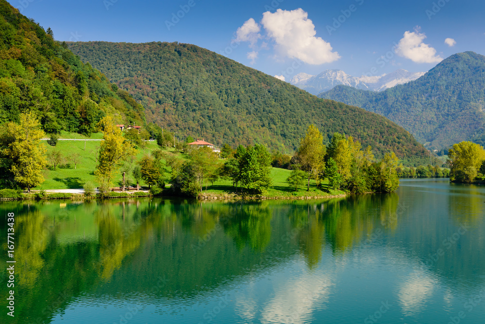 Beautiful natural landscape - the Socha river near the village of Most na Sochi, Slovenia.