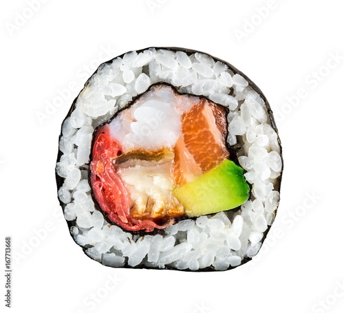 Sushi roll with salmon, shrimps and avocado