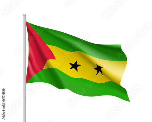 Sao Tome and Principe flag. Illustration of African country waving flag on flagpole. Vector 3d icon isolated on white background. Realistic illustration