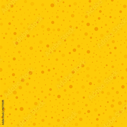Orange polka dots seamless pattern on yellow background. Breathtaking classic orange polka dots textile pattern in restrained colours. Seamless scattered confetti fall chaotic decor.