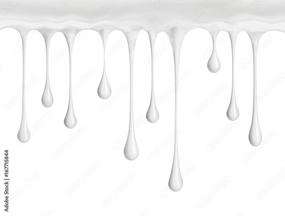 White cream or milk drops drip down, isolated on a white background White cream or milk drops drip down, isolated on a white background