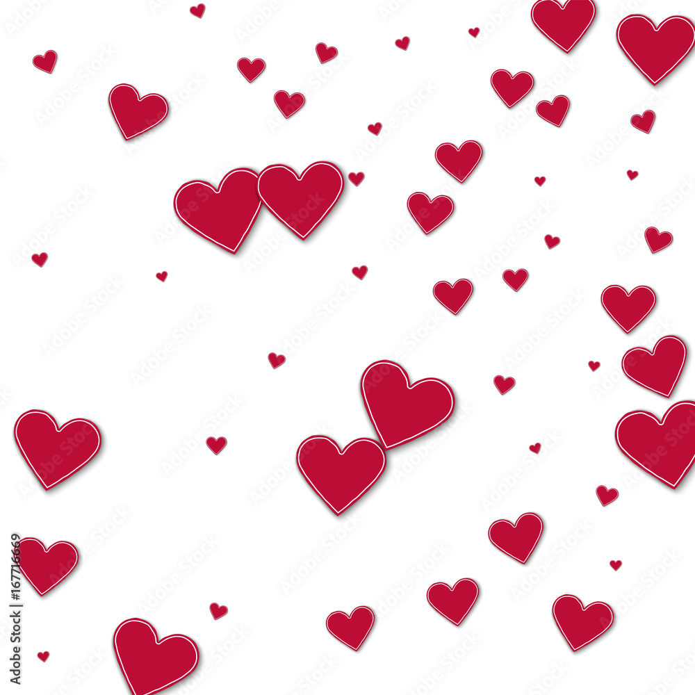 Cutout red paper hearts. Random scatter on white background. Vector illustration.