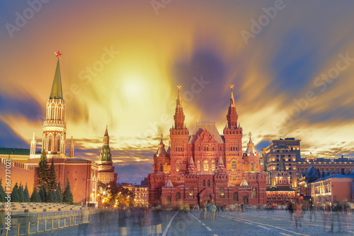 Sunset view of the Red Square, Moscow Kremlin, Lenin mausoleum, historican Museum in Russia. World famous Moscow landmarks for tourism and travel.