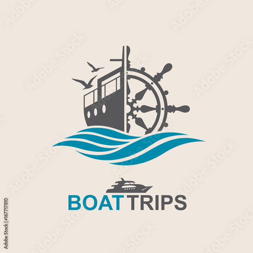 helm wheel image with yacht and sea waves