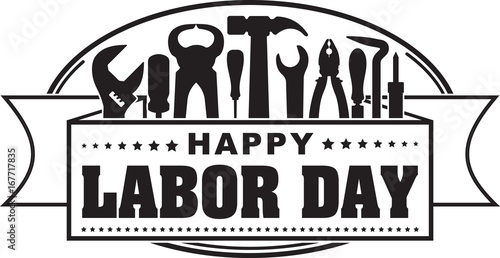 Happy Labor Day black oval celebrating banner with silhouettes of workers tools: hammer, screwdriver, pliers, file, soldering iron, pliers, awl, etc.
