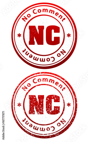 Pair of red rubber stamps in grunge and solid style with caption No Comment and abbreviation NC photo