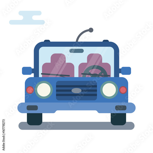 Modern flat cartoon illustration of front side of stylized car.