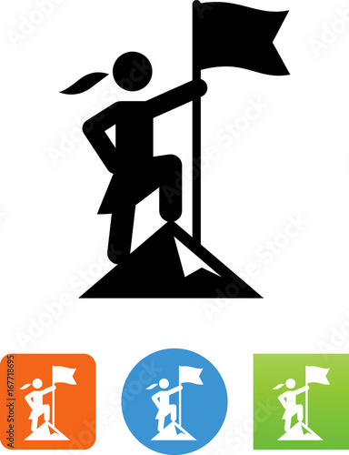 Woman On A Mountaintop Holding A Flag Icon - Illustration