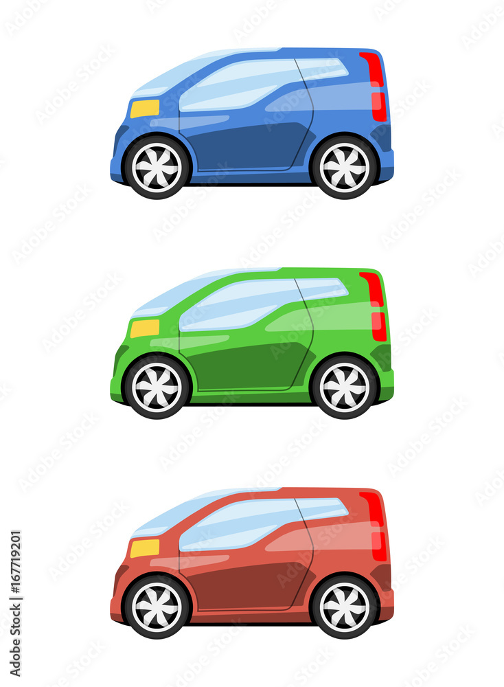 Fototapeta premium Set of cars side view different colors. Futuristic city van car icon detailed. Vector illustration.