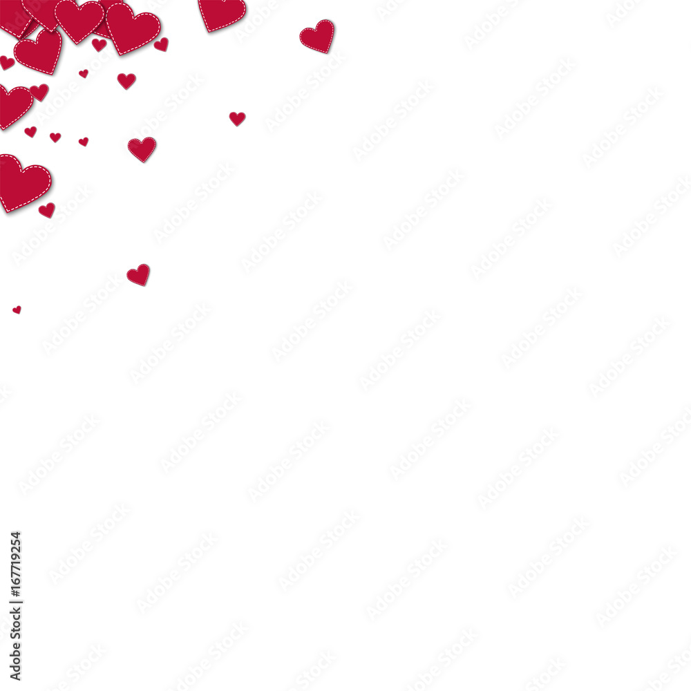 Red stitched paper hearts. Left right corner on white background. Vector illustration.