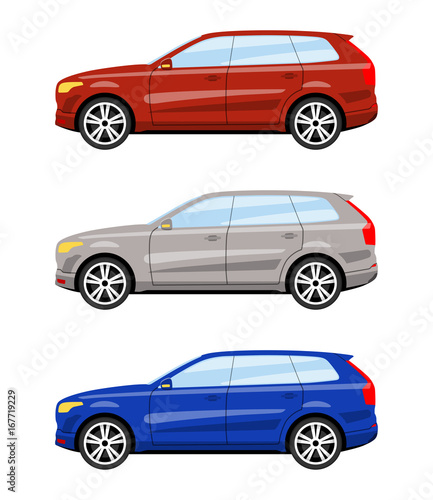 Set of cars side view different colors. Suv car icon detailed. Vector illustration.