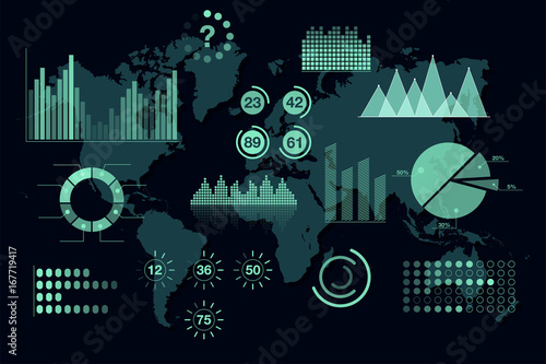 World analytics infographic. Set of transparent graphs and charts, dashboard template
