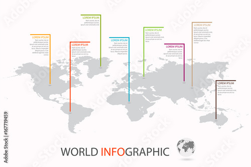 World infographic template. World map with marker on each continent