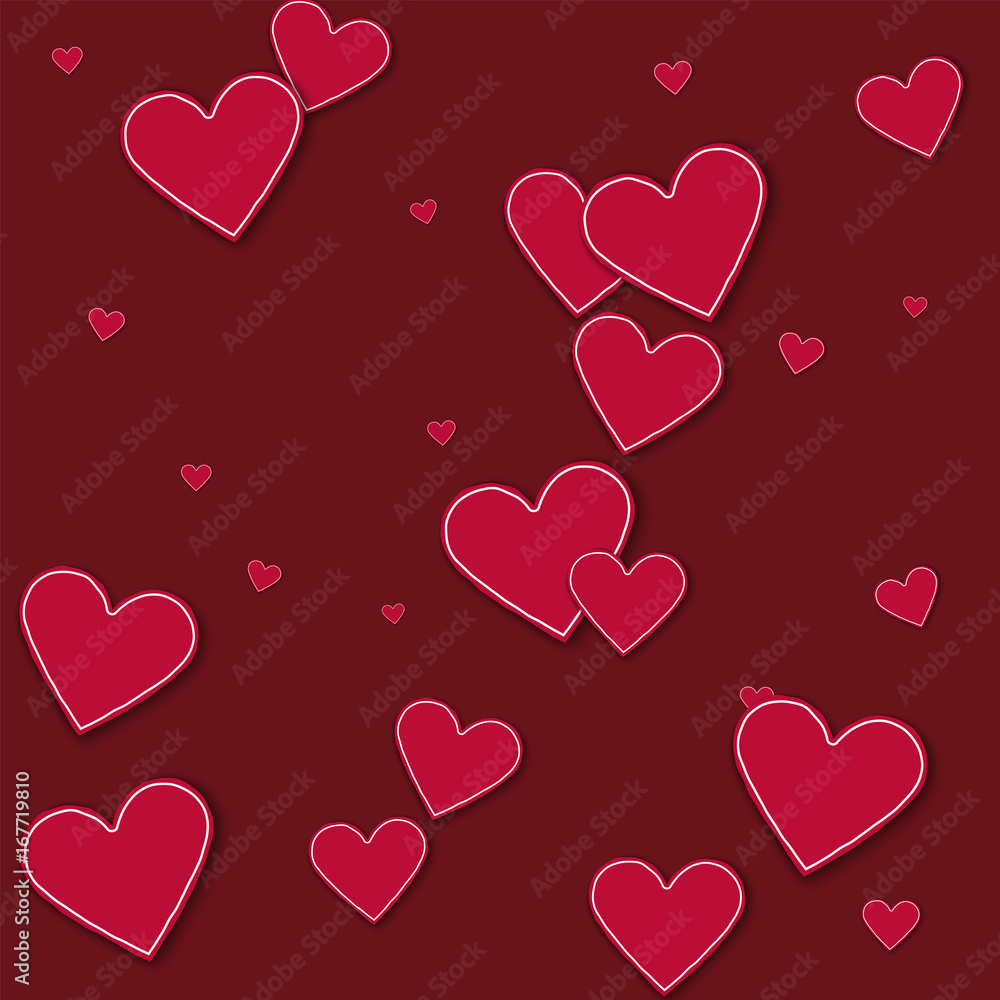 Random red paper hearts. Scatter vertical lines on wine red background. Vector illustration.