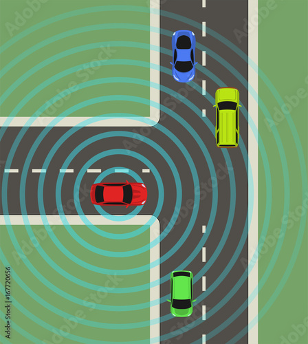 Autonomous car top view. Self driving vehicle with radar sensing system. Driverless automobile on road. Vector illustration.