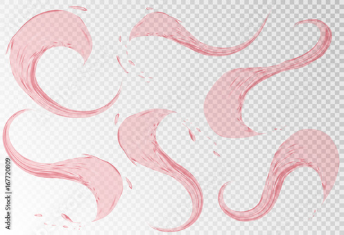 Pouring red wine splashes isolated on transparent background. Realistic liquid with drops created by gradient mesh. Dark red wine like cabernet or merlot. vector 3d illustration