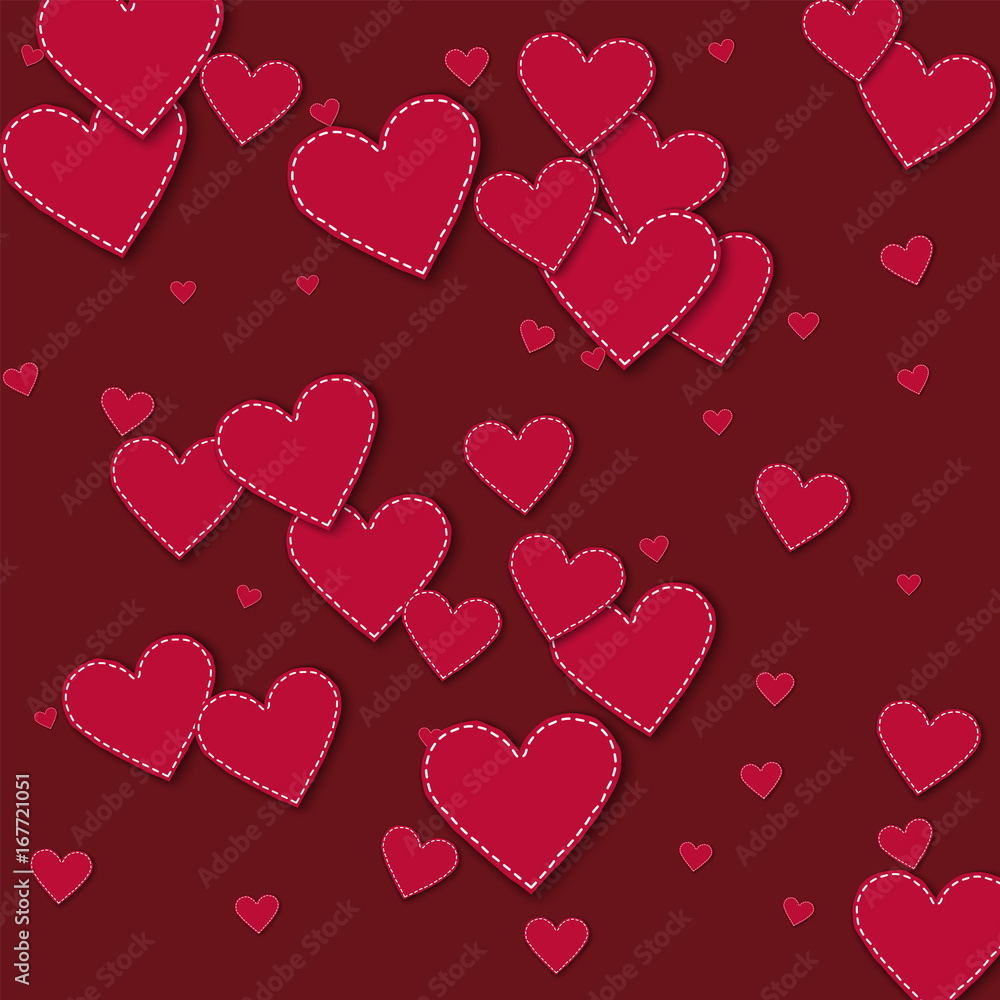 Red stitched paper hearts. Scattered pattern on wine red background. Vector illustration.