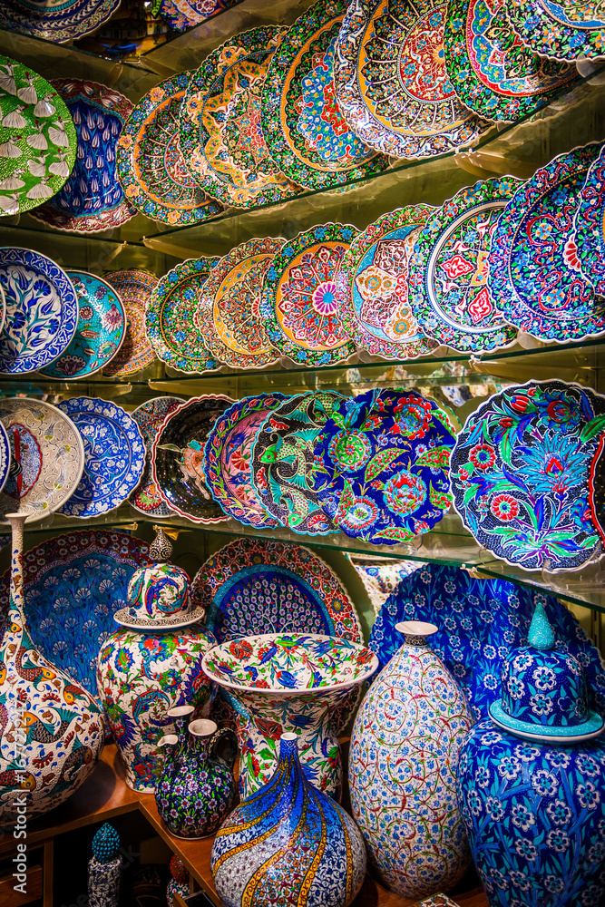 Turkish ceramics on sale at the Grand Bazaar in Istanbul, Turkey. Traditional Turkish ceramics Turkish ceramics on sale at the Grand Bazaar in Istanbul, Turkey. Traditional Turkish ceramics