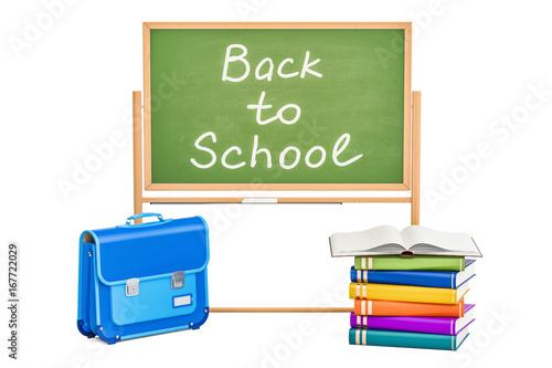Back to school concept with books, briefcase and blackboard, 3D rendering