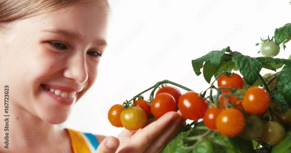 Close up portrait cheerful child girl with cherry tomatoes on white background Close up portrait cheerful child girl with cherry tomatoes on white background