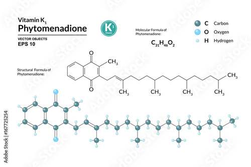 Structural chemical molecular formula and model of Phytomenadione. Atoms are represented as spheres with color coding isolated on background. 2d, 3d visualization and skeletal formula. Vector formula